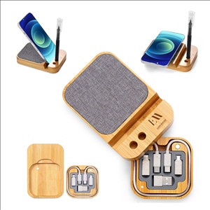 Bamboo Wireless Charging Phone Stand with Pen Holder